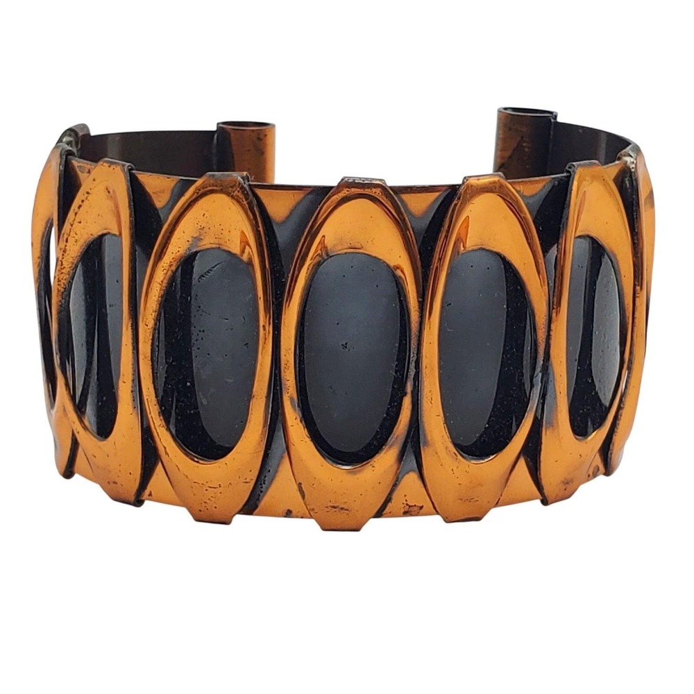 Wide Copper Black Cuff Bracelet Geometric Oval Cutout Modernist Bangle Boho MCM